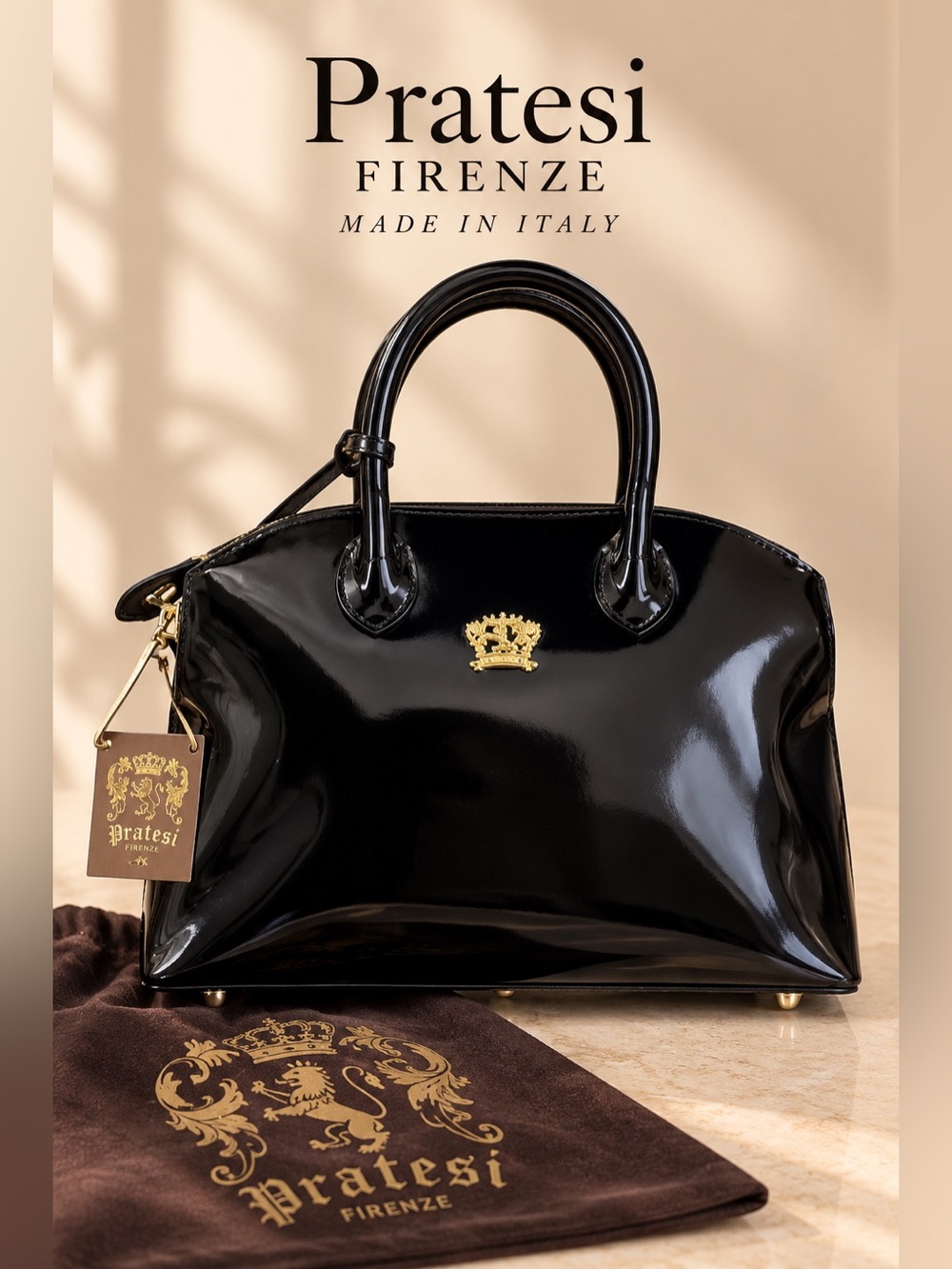 Pratesi Firenze Black Patent Leather Satchel Handbag w/ Lock Key Light